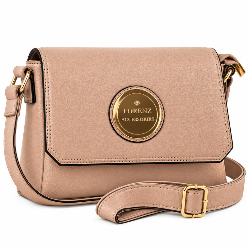 5803 Mink Faux Leather Flapover Bag, Inner & Back Zip-O126 (New)